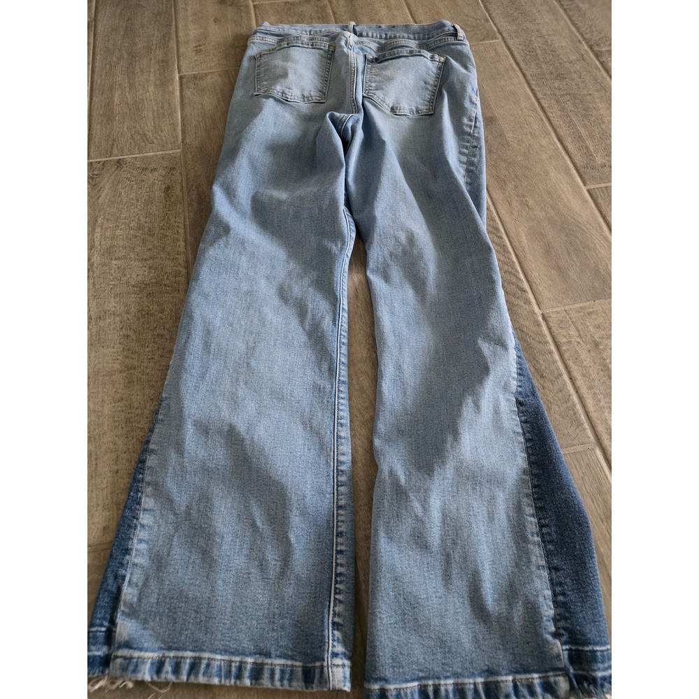 GAP 70s Flare High Rise Patched Two Tone Jeans Light Wash Raw Hem 32 14R Womens - Picture 11 of 11